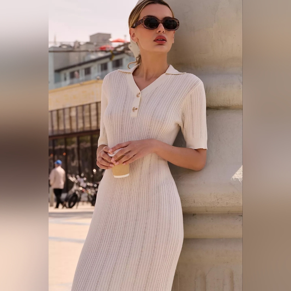 Varley Cream Ribbed Polo Midi Dress